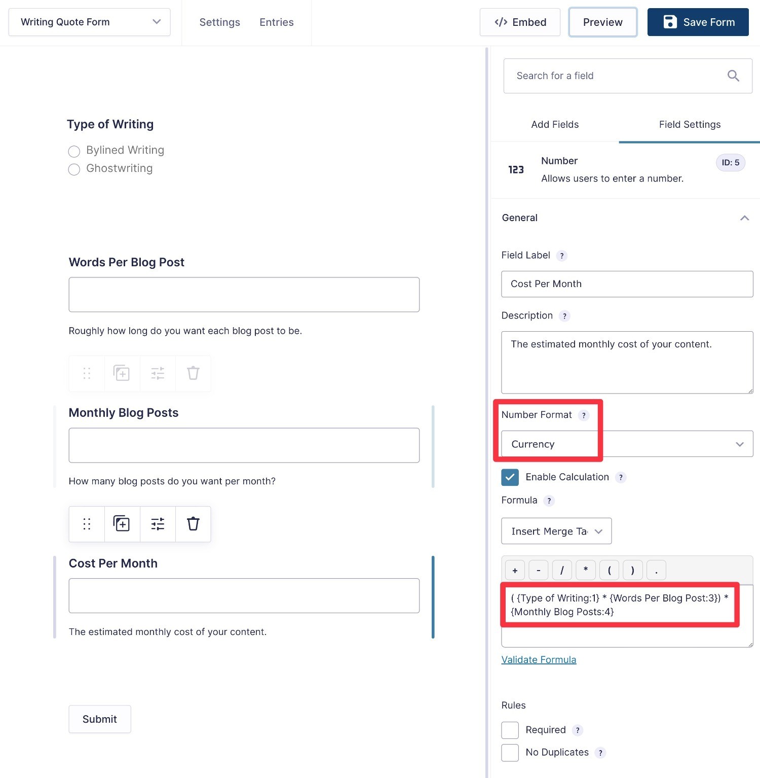 Set up calculations for quote