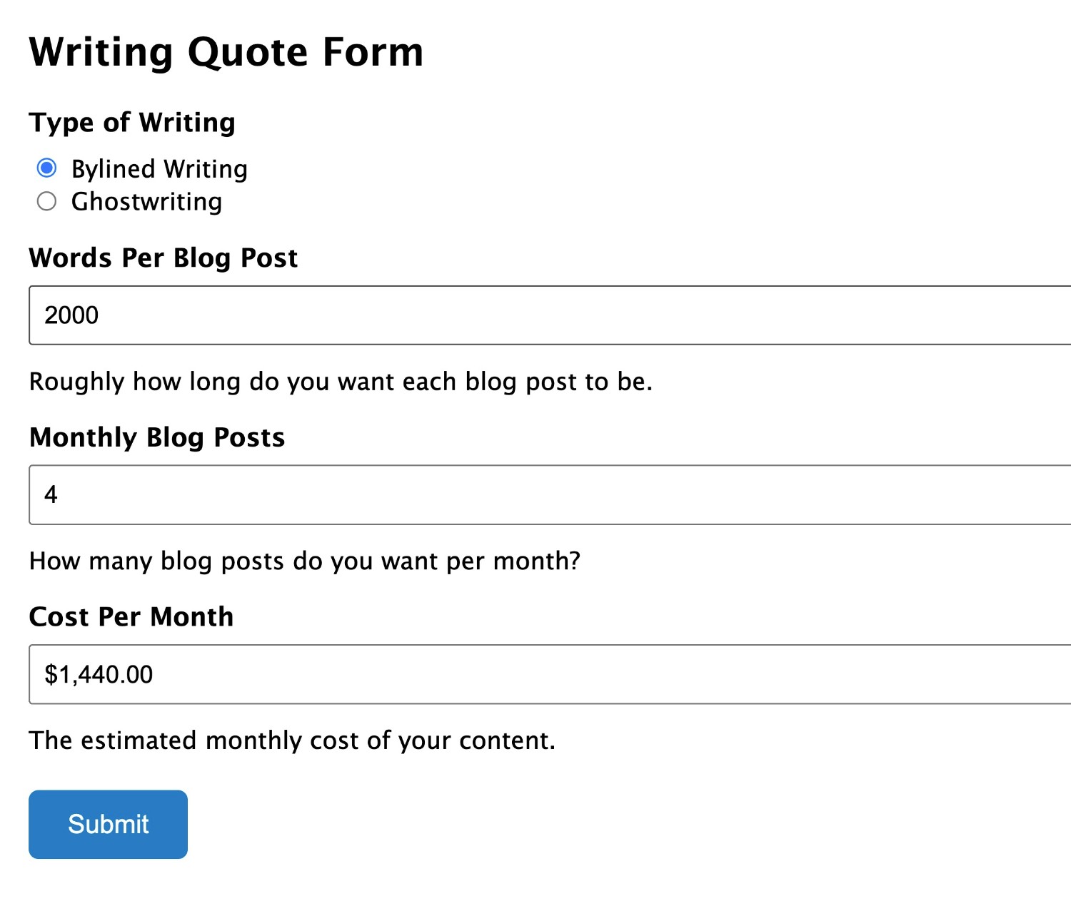 Example of Gravity Forms quote calculator
