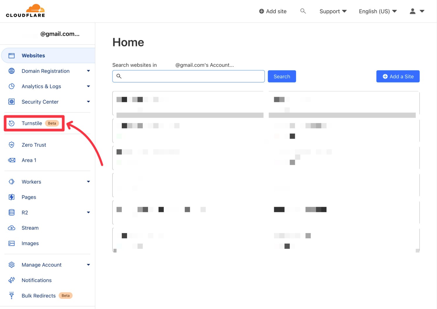 Access the Turnstile area in Cloudflare