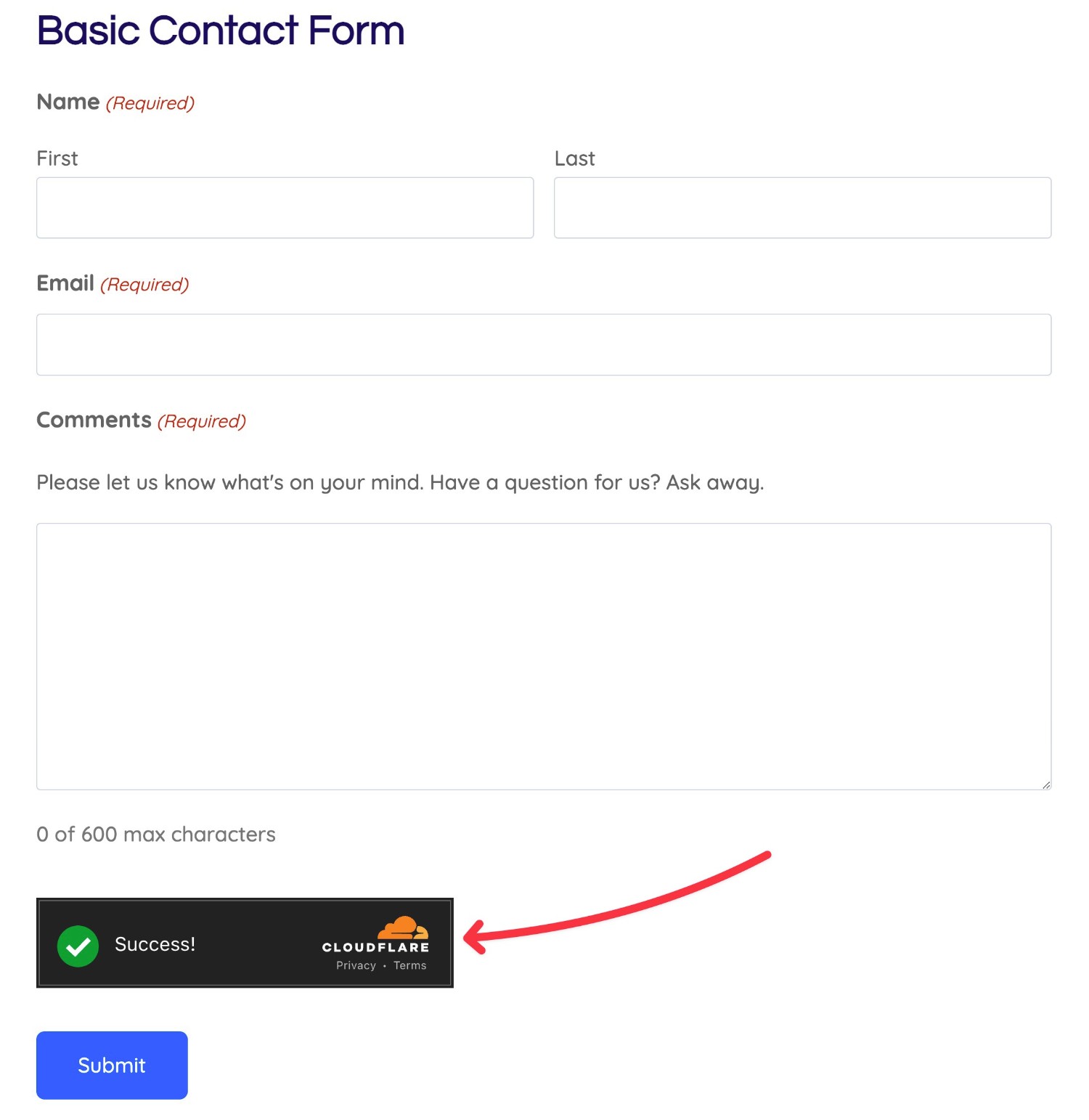 An example of the Gravity Forms Cloudflare Turnstile spam protection