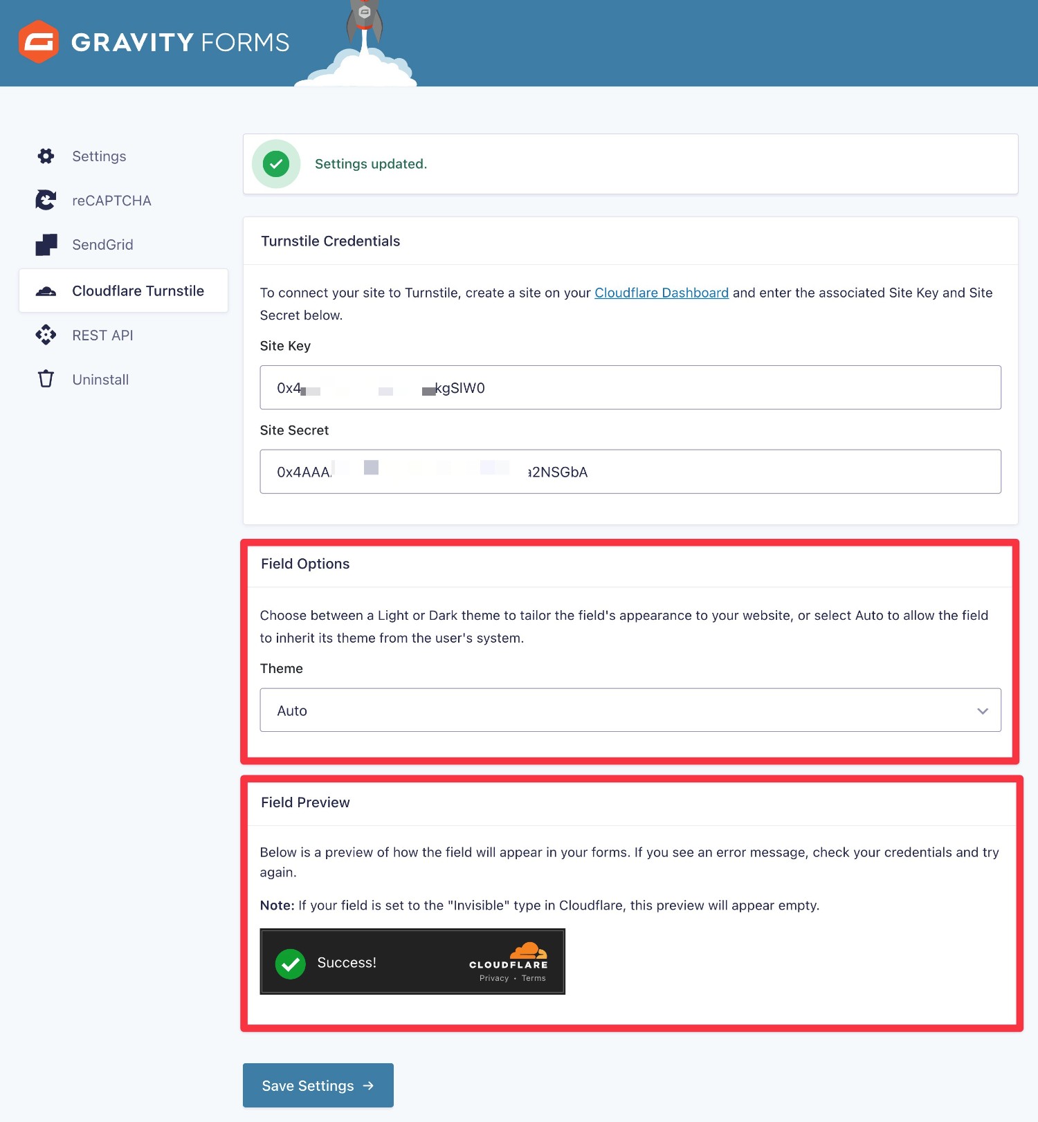 Gravity Forms connected to Cloudflare Turnstile