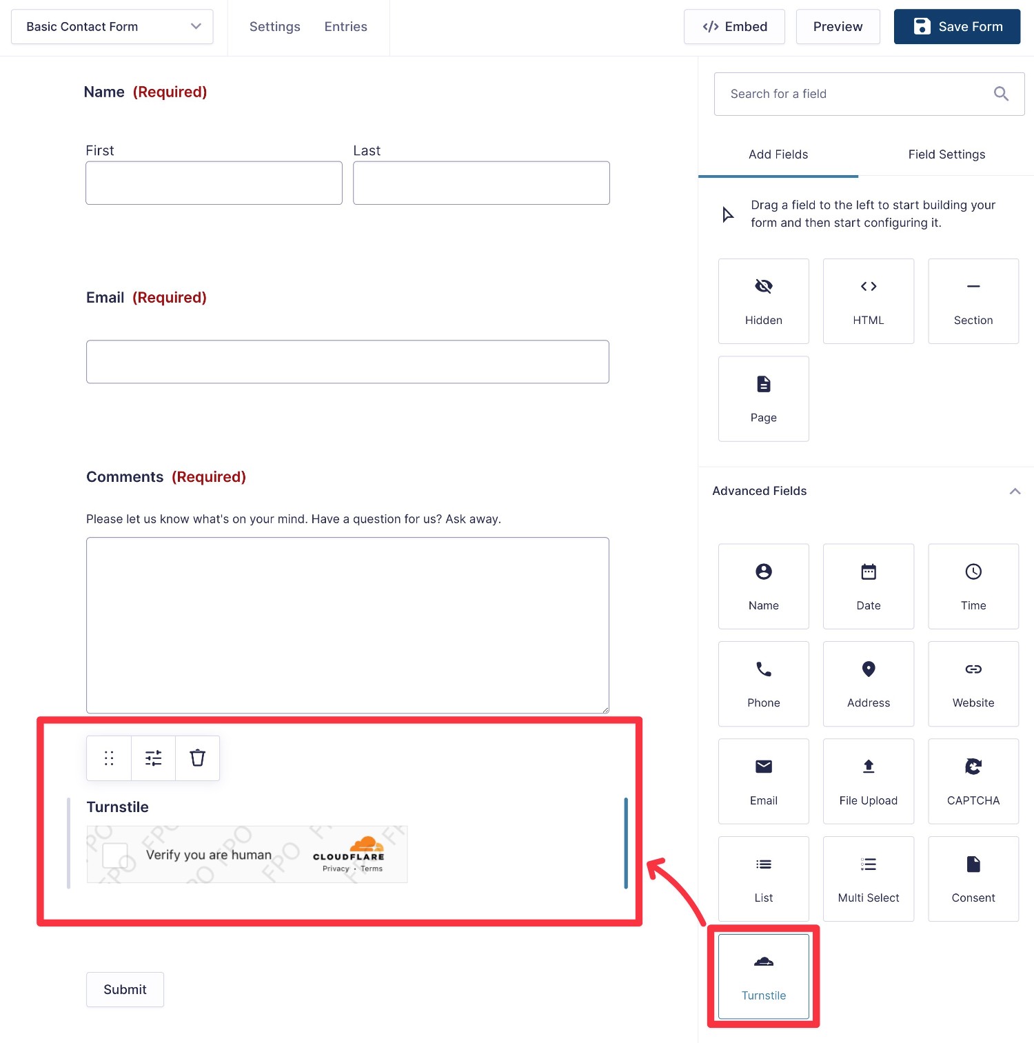 Add the Turnstile field to a form