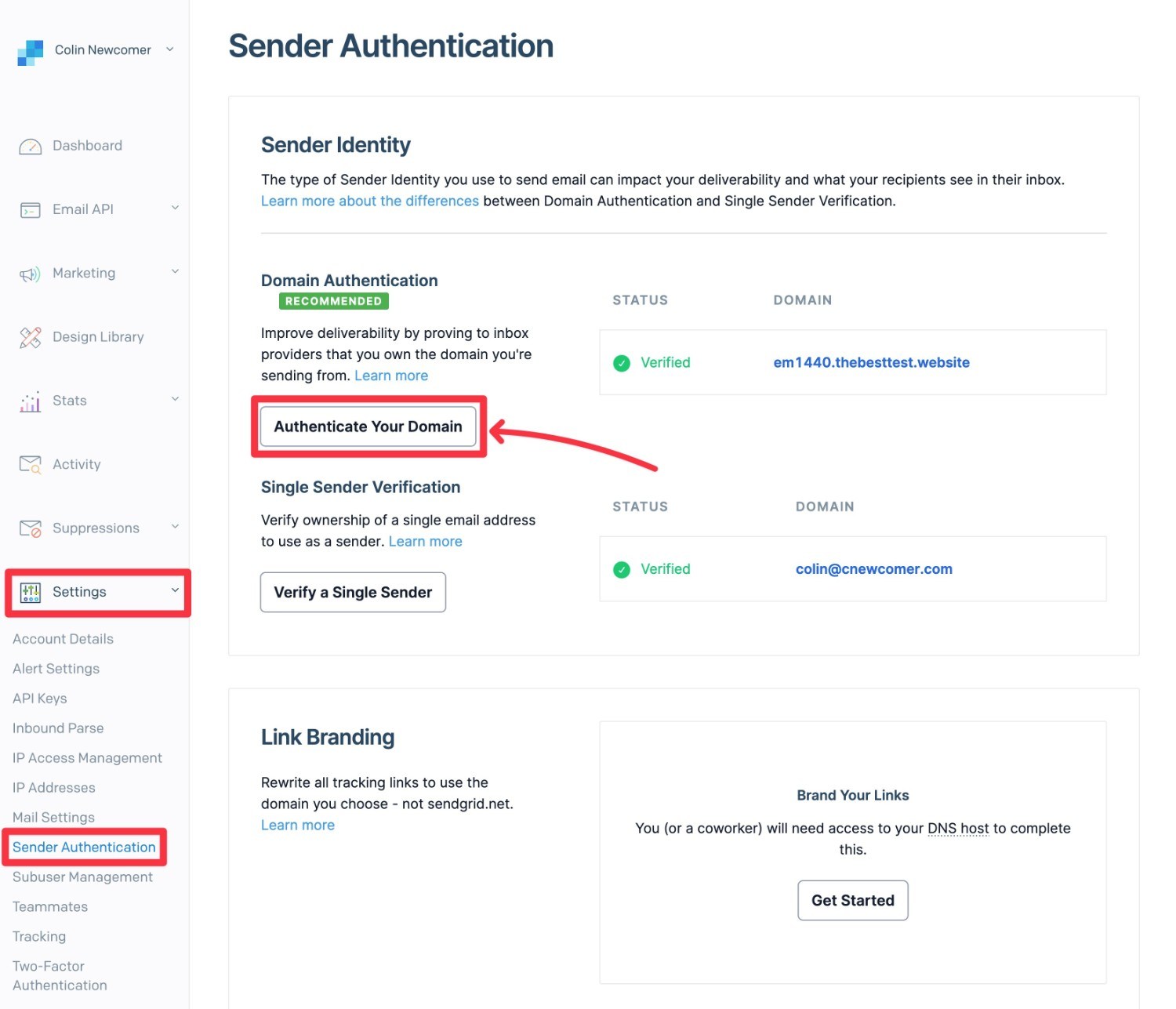 Authenticate a new domain name