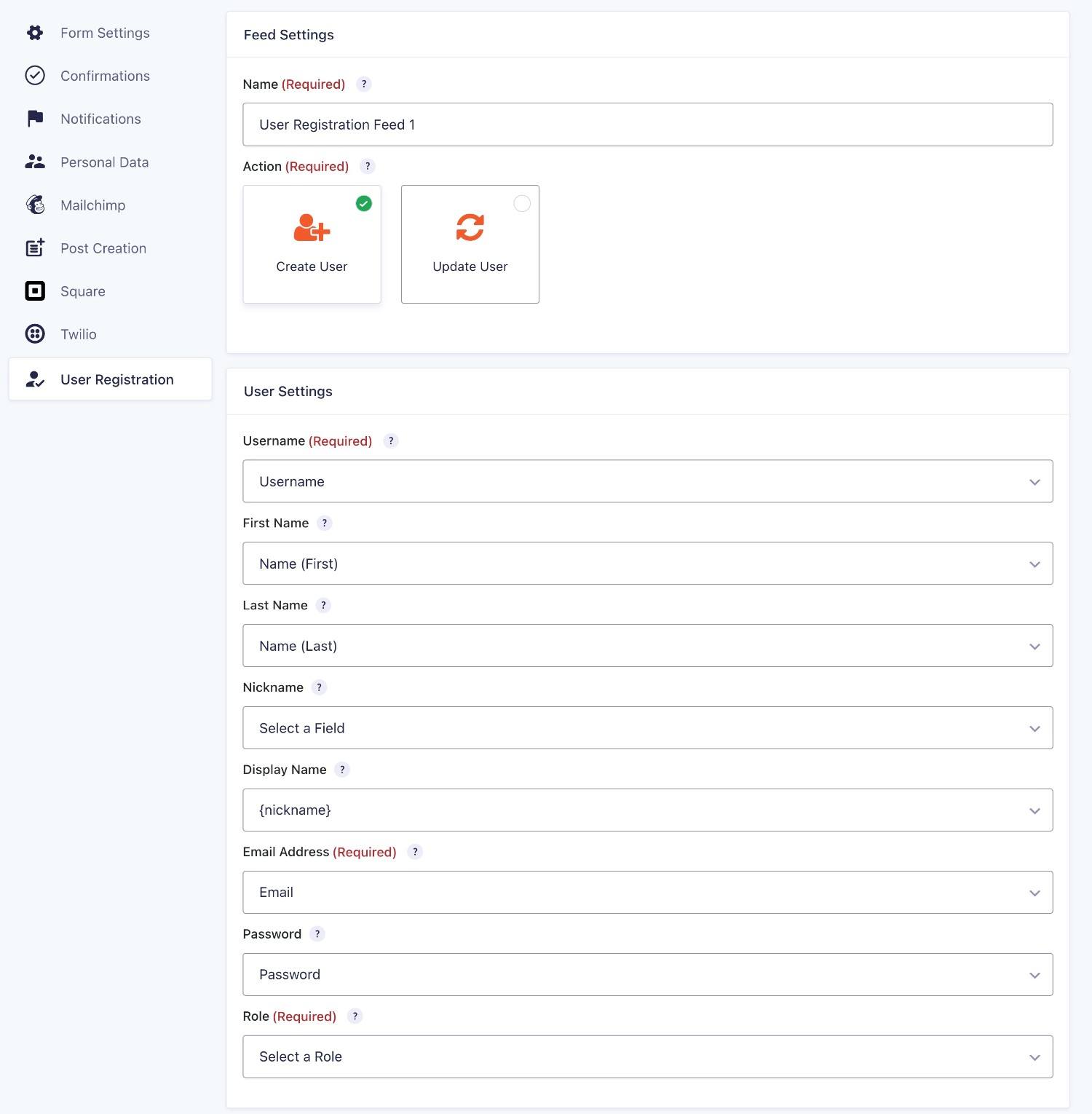 User registration feed