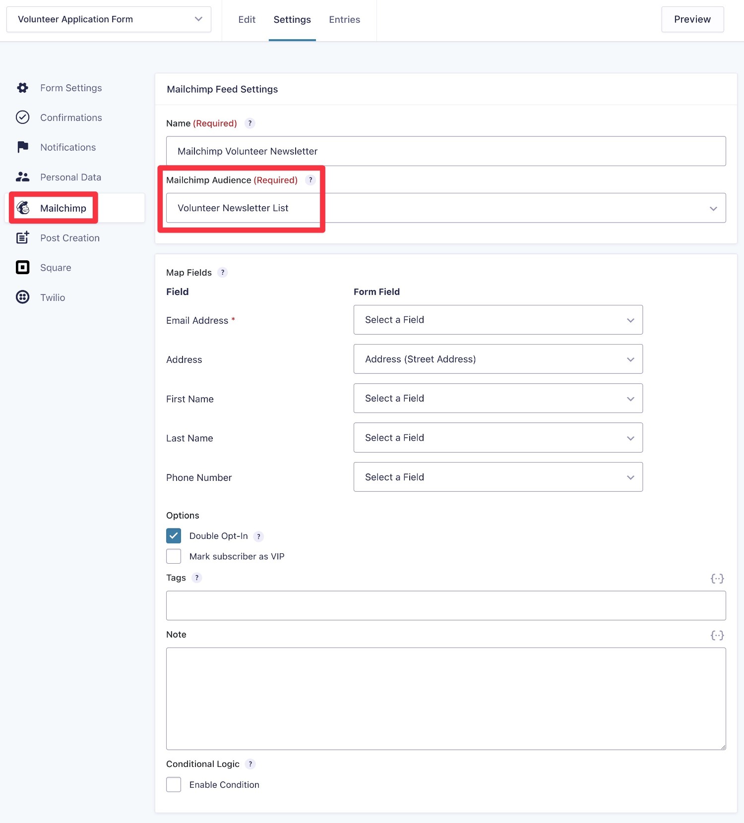 Connecting your volunteer application form to Mailchimp or other email marketing services
