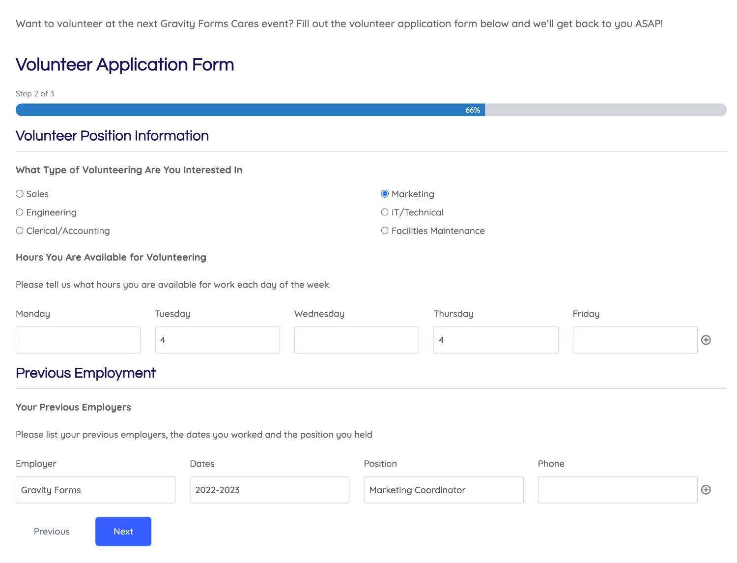 Gravity Forms volunteer application form