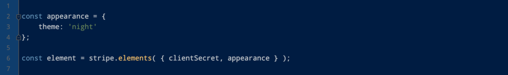 Code snippet to initialize Payment Element with night theme