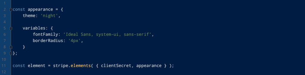 Code snippet to initialize Payment Element with variables