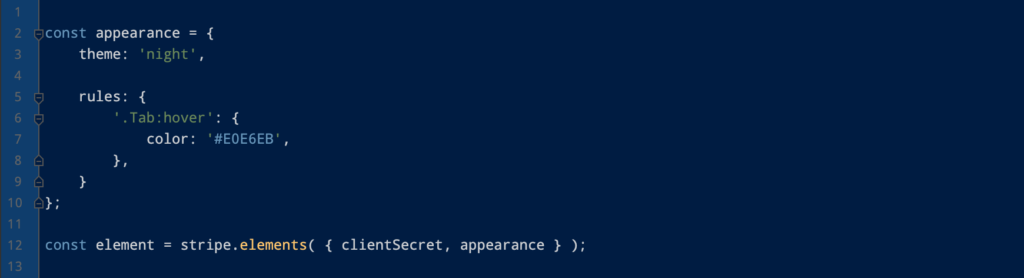 Code snippet to initialize Payment Element with rules