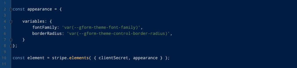 Code snippet to initialize Payment Element with custom properties