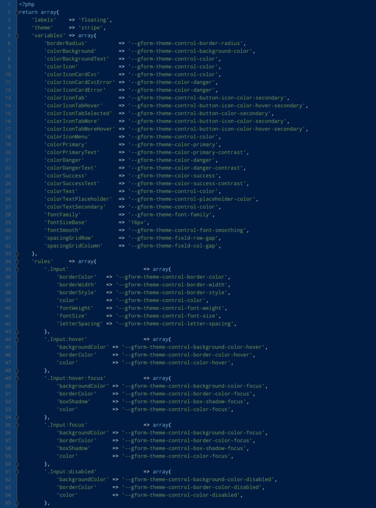 Code snippet showing PHP array with mapping between Payment Element and Gravity Forms CSS properties