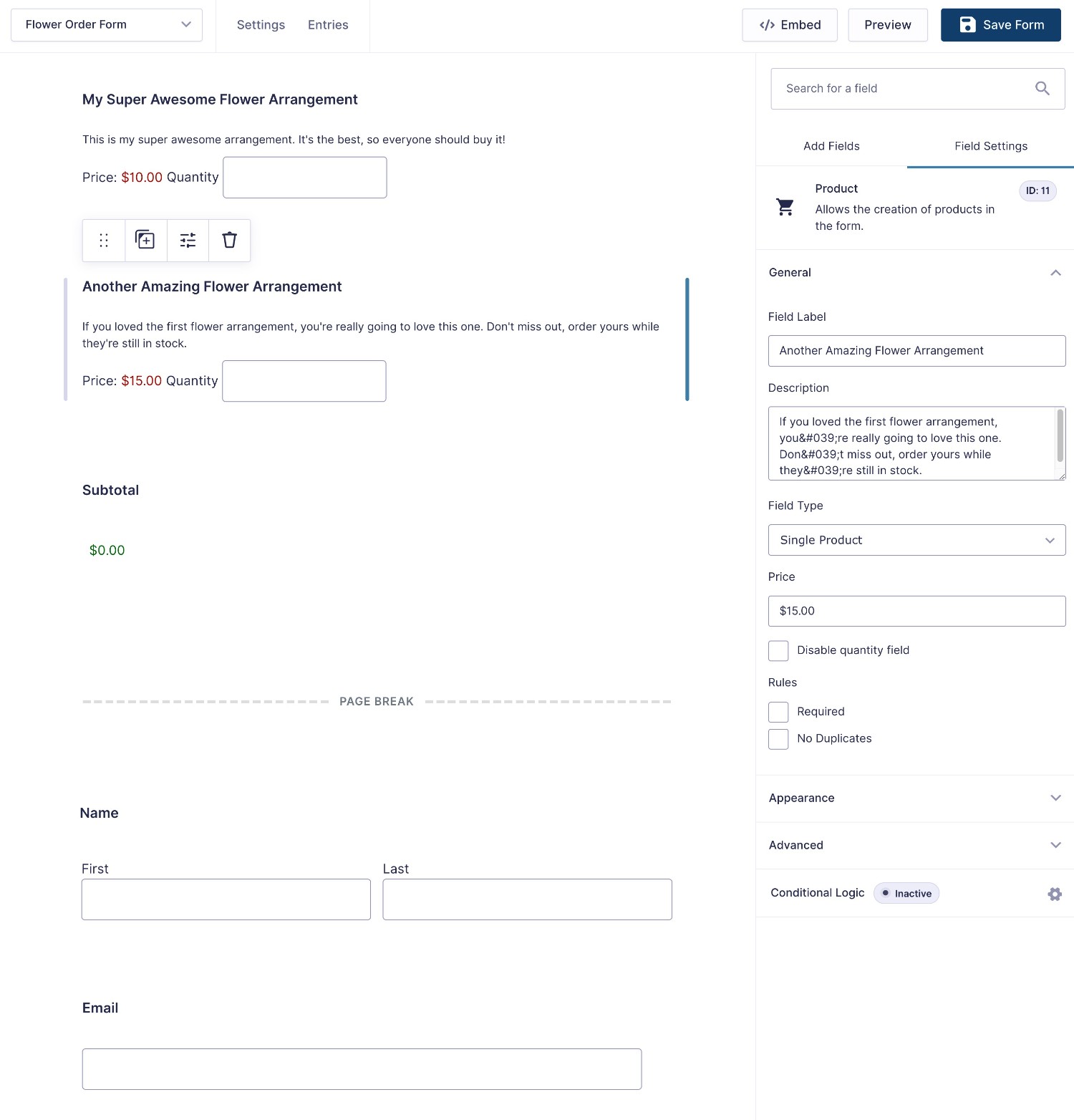 Customize your flower order form