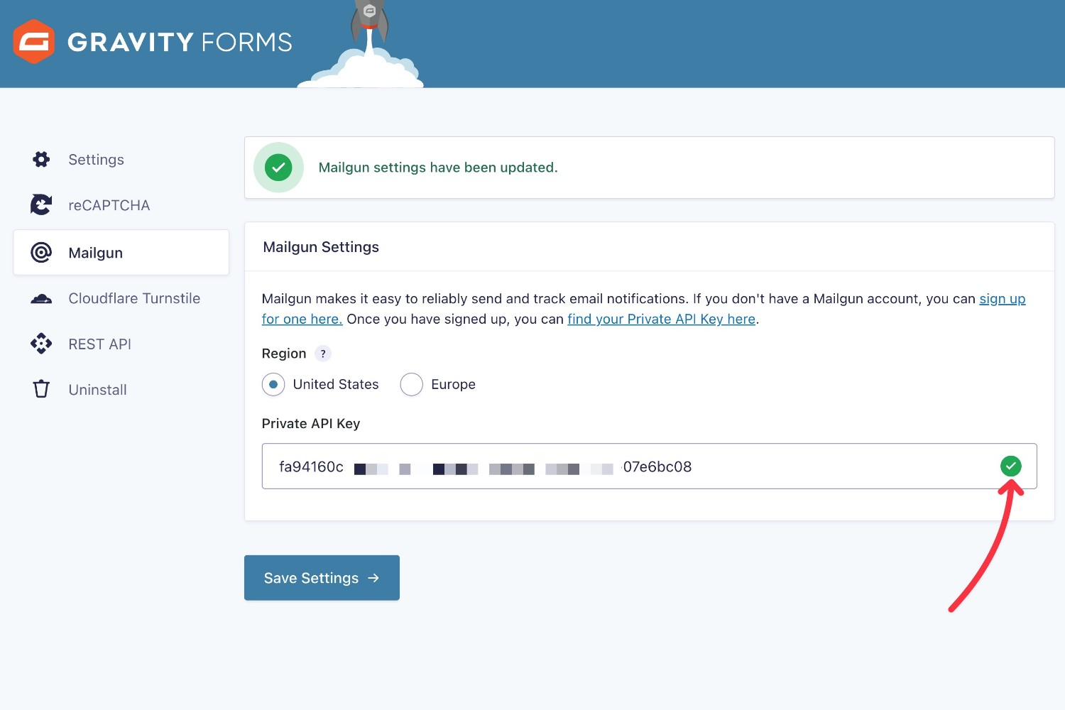Succesful API connection to Mailgun