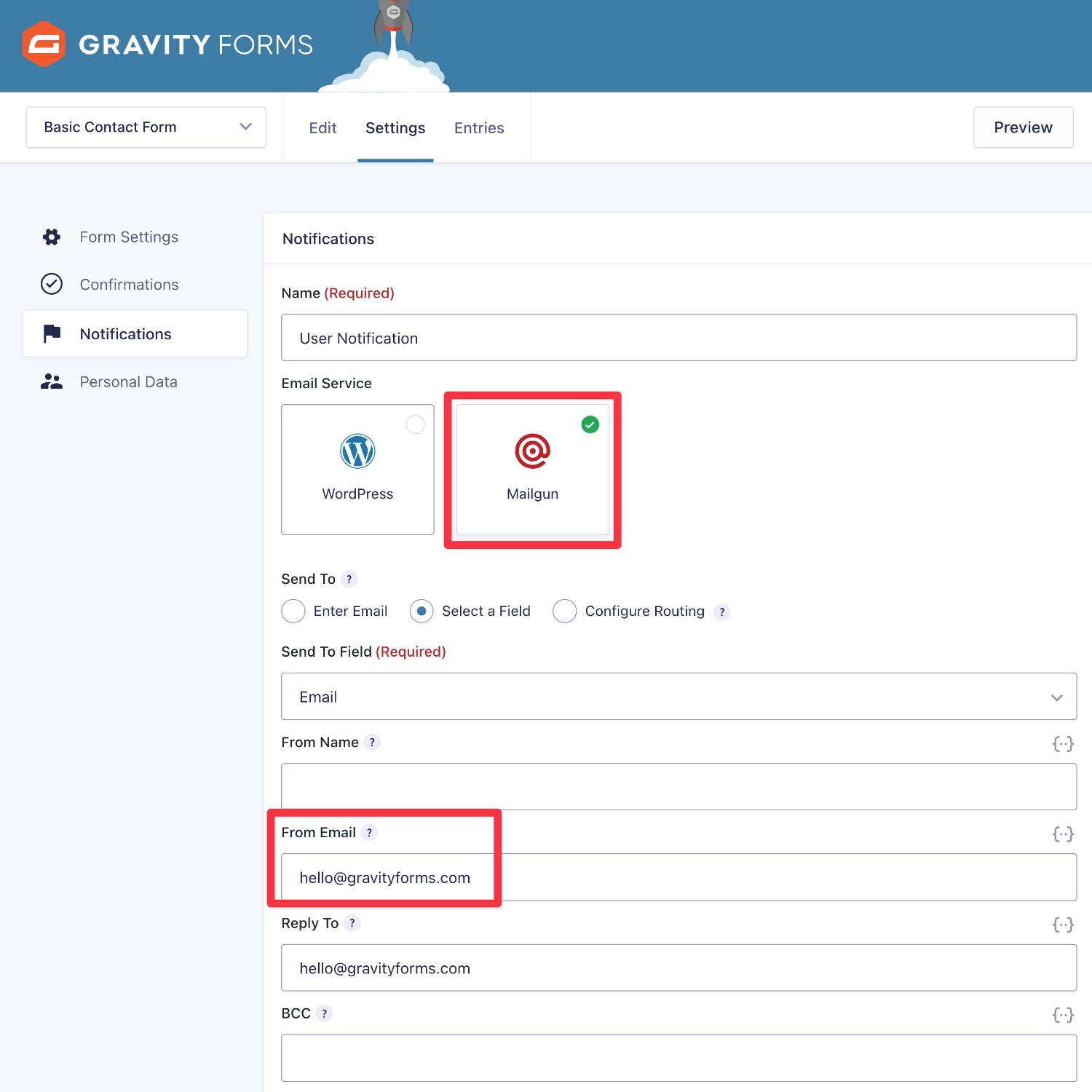 Select Mailgun as your Gravity Forms email sending service