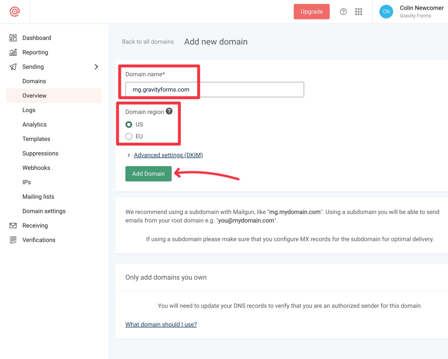 Configure Mailgun domain root domain