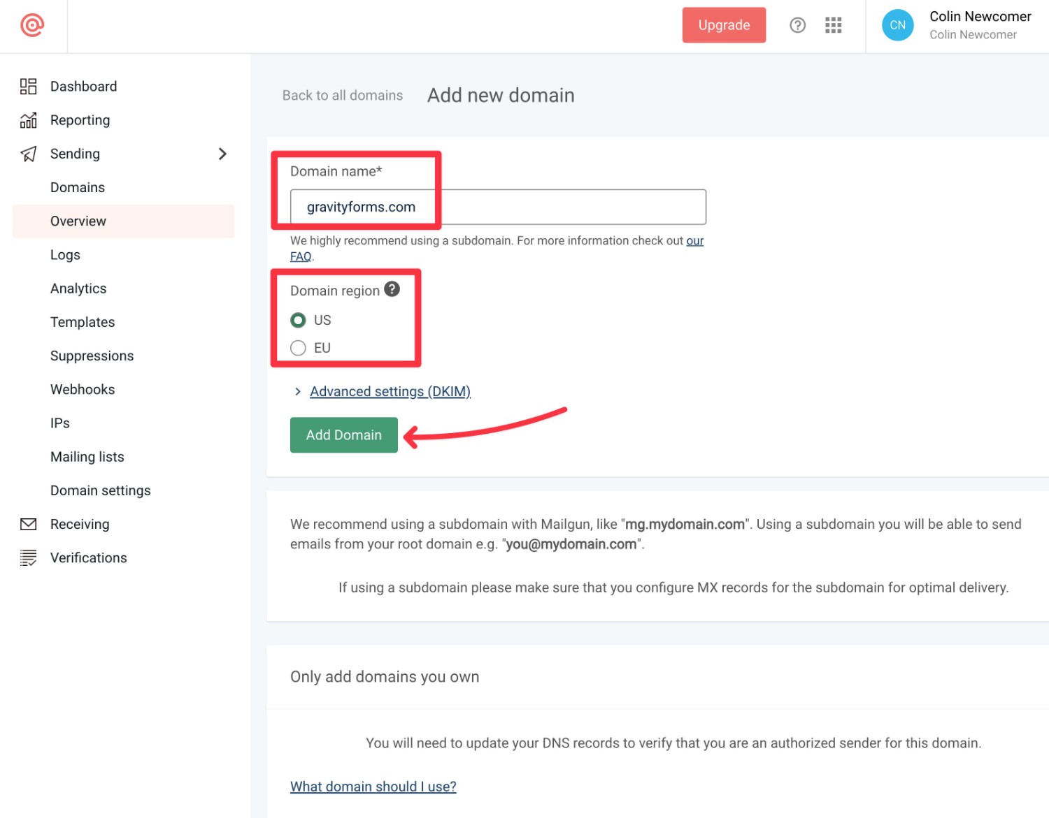 Configure Mailgun domain subdomain