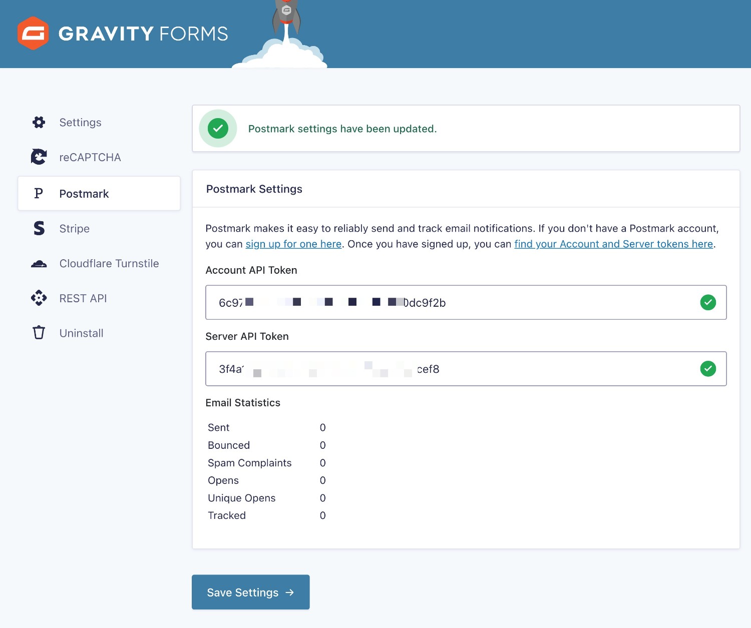 Gravity FOrms connected to Postmark