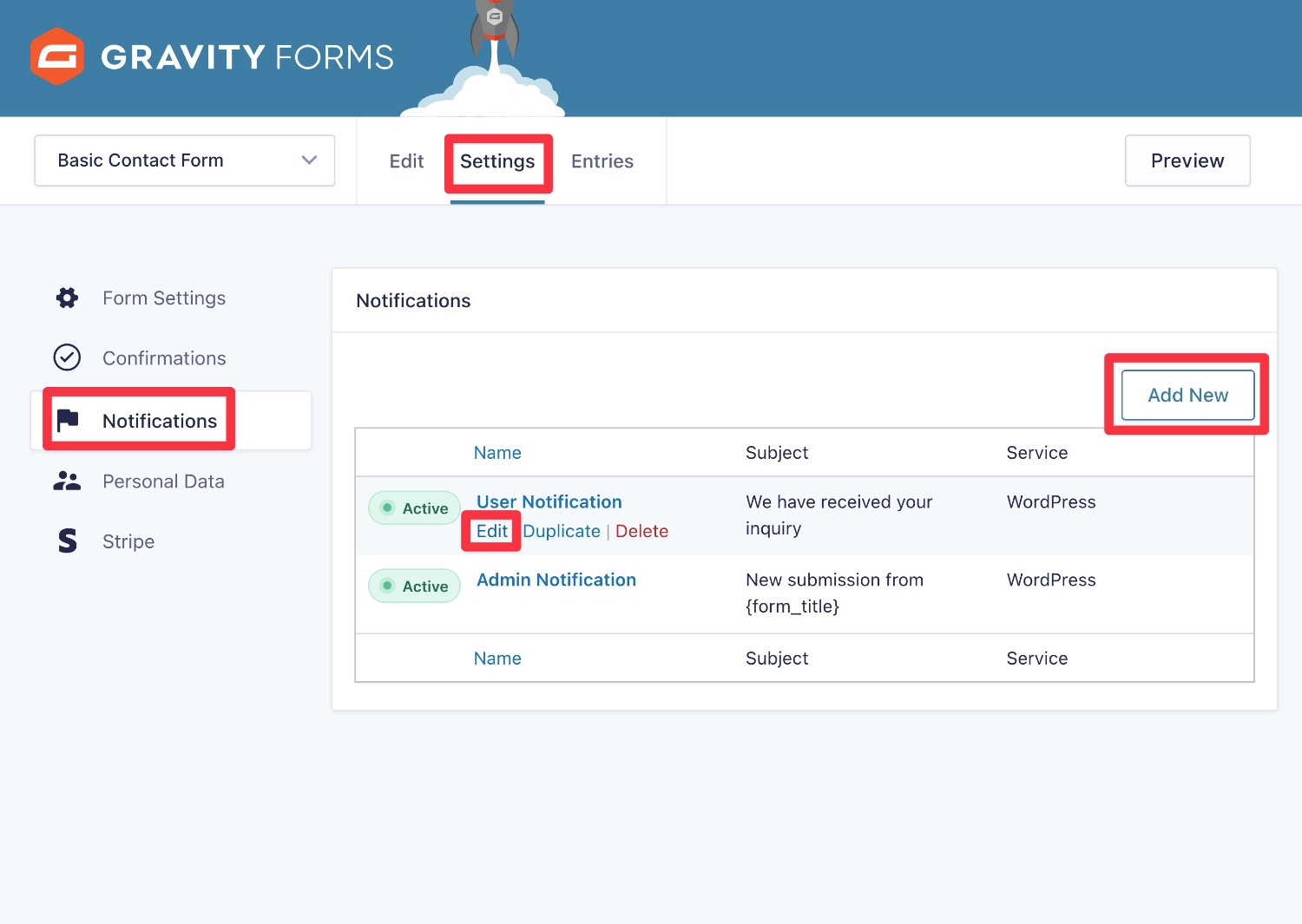 Edit form notification