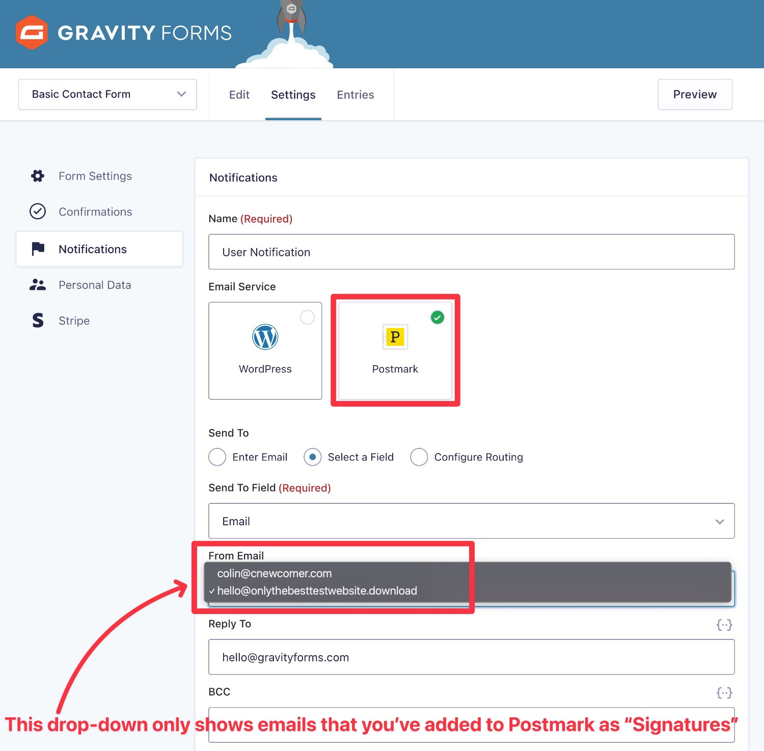 Choose Postmark as sending service