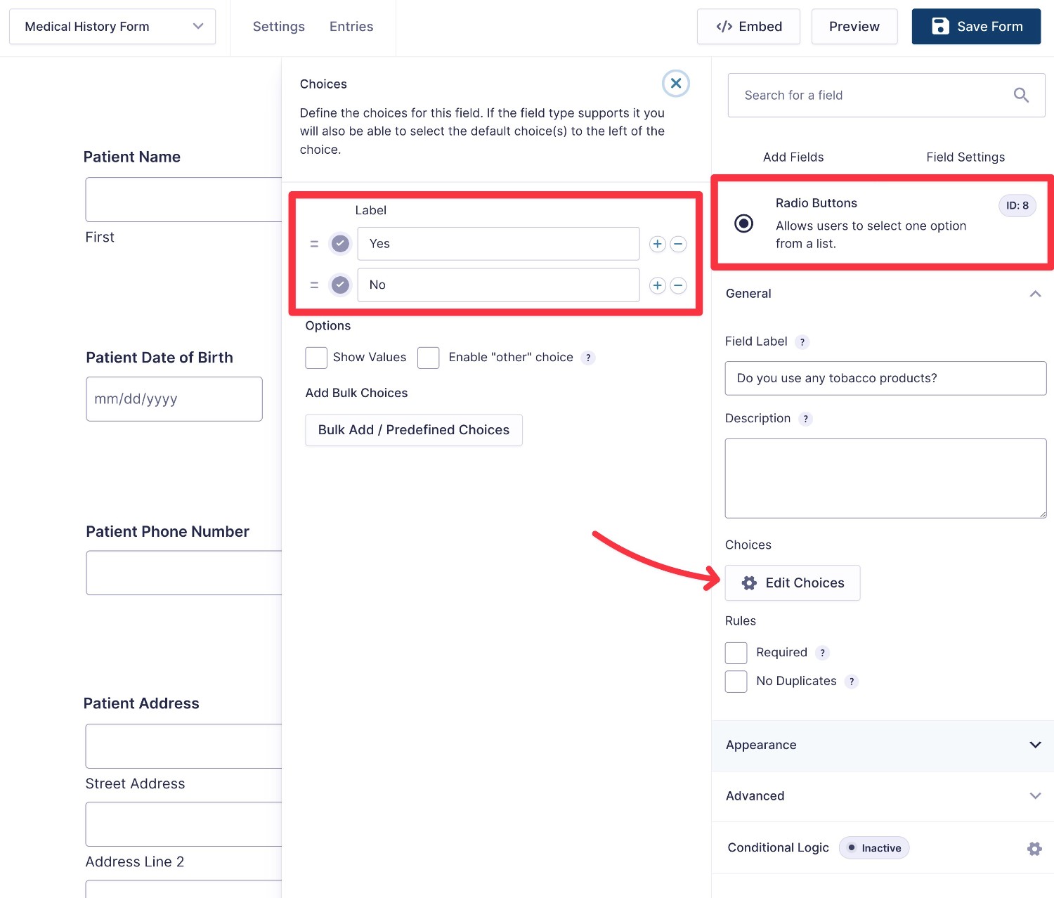 Adding Yes/No questions to your medical history form