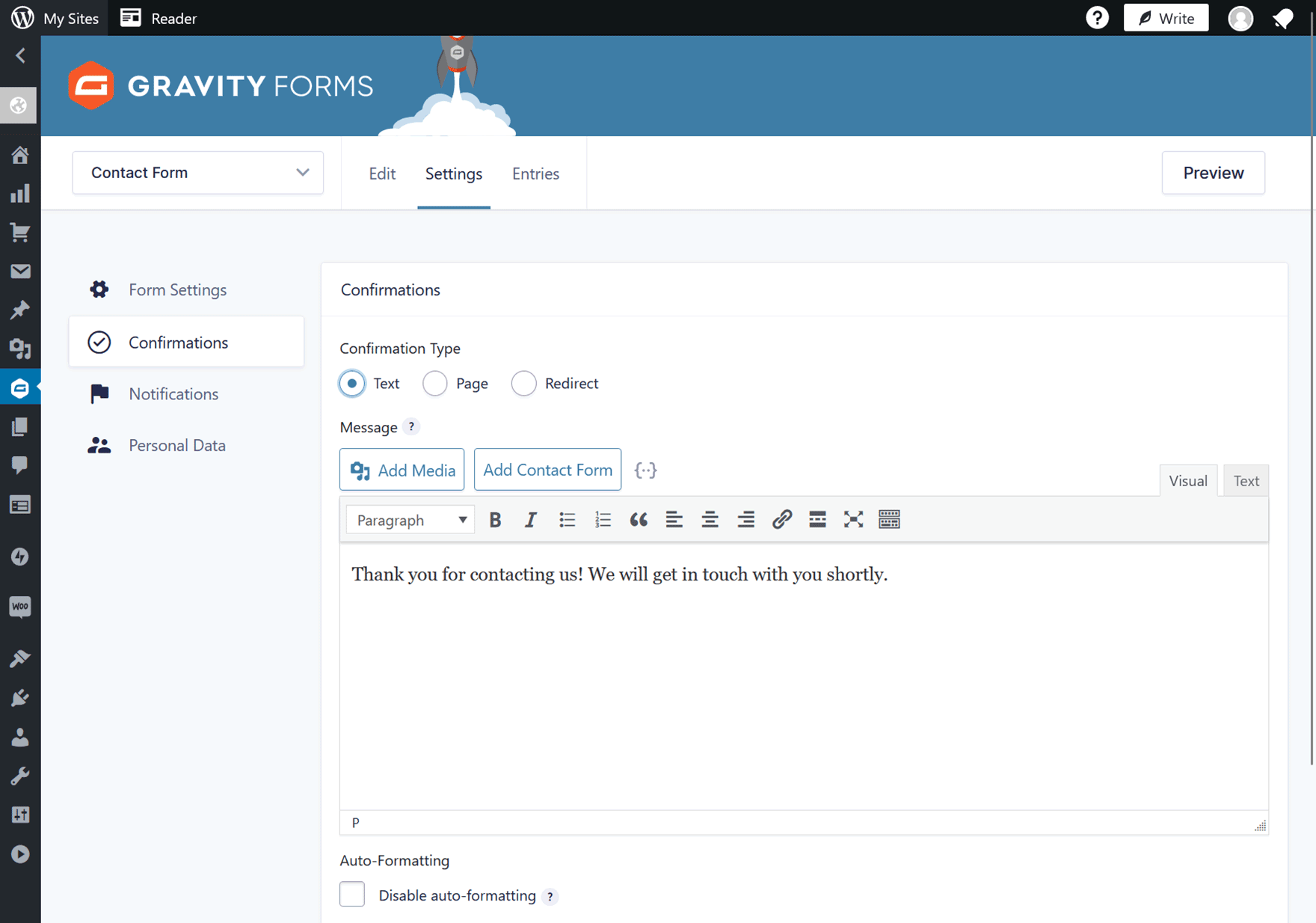 Form Submission Confirmation Settings