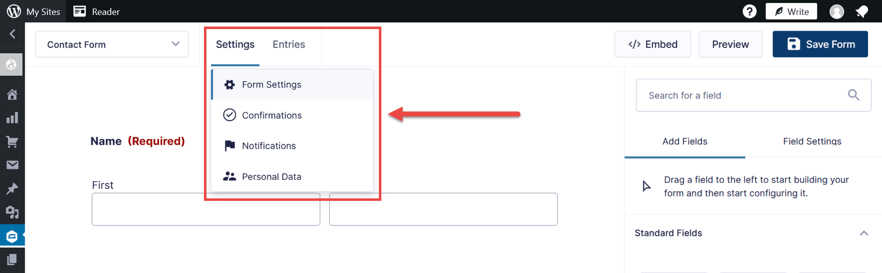 Form Settings Menu