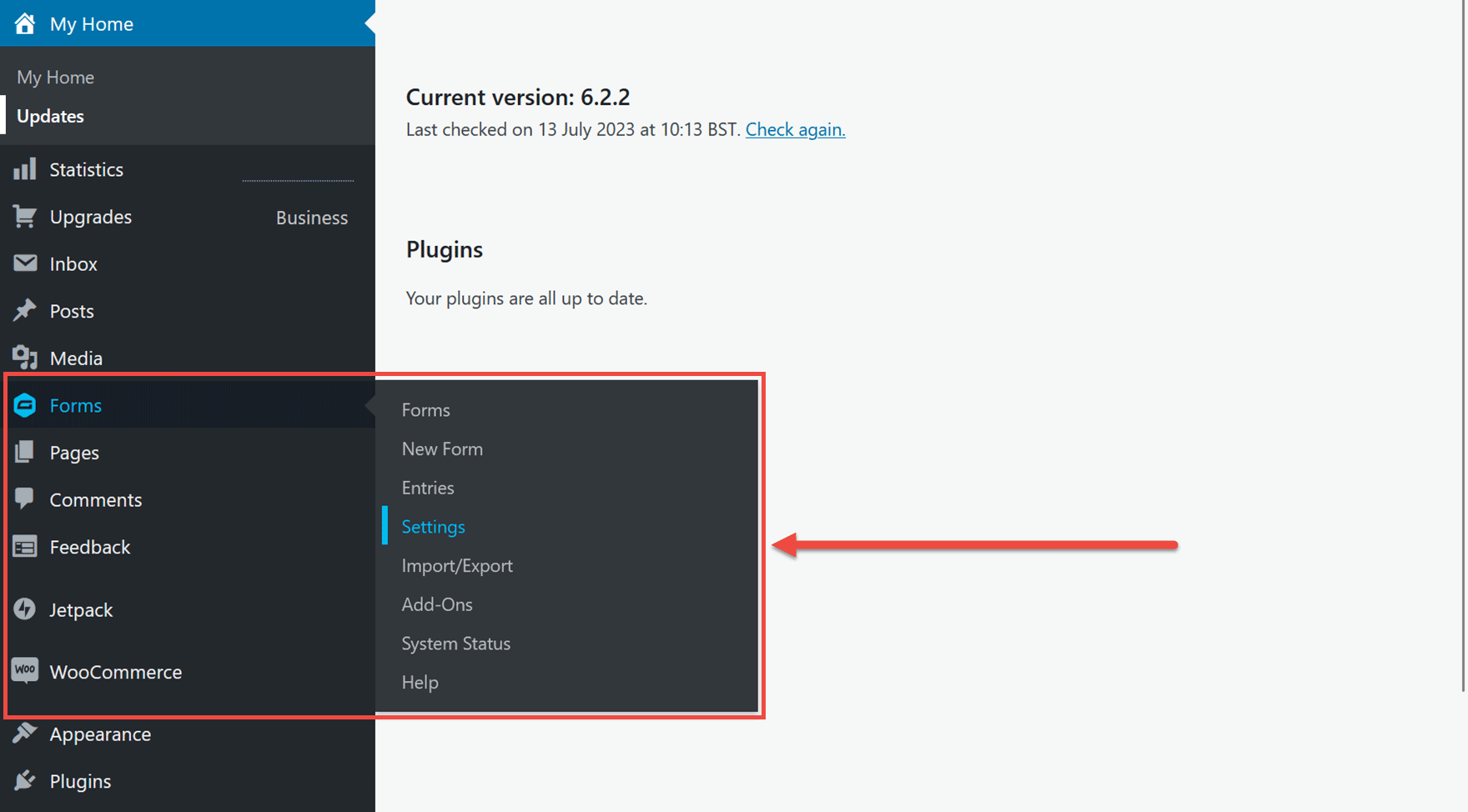 Forms Settings Menu