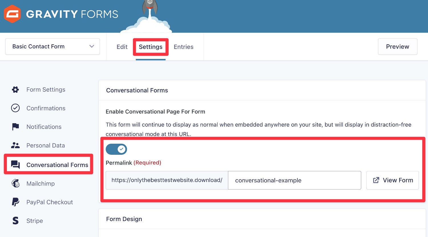 Enable Gravity Forms conversational form URL