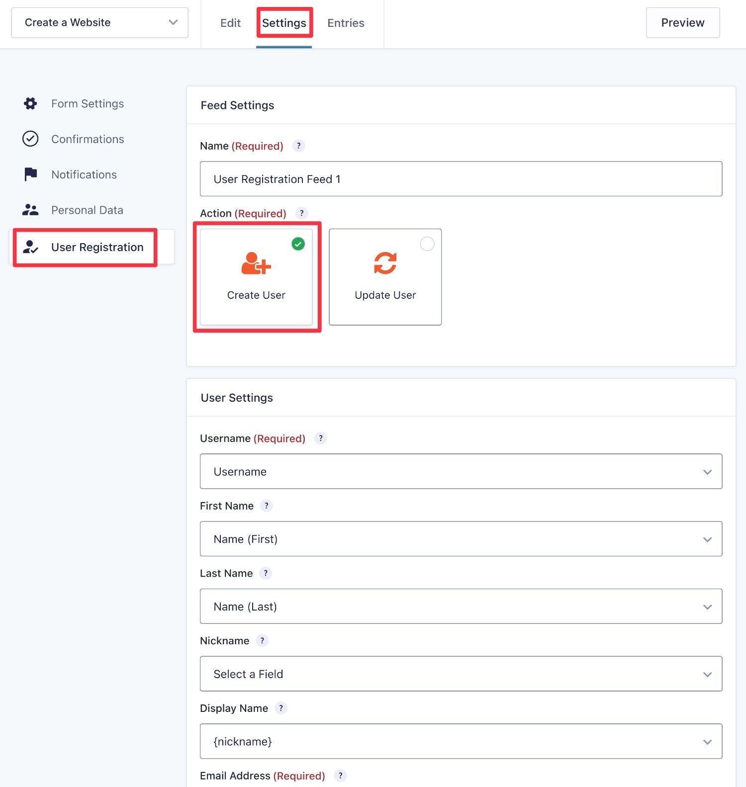 Enable the create user option in feed