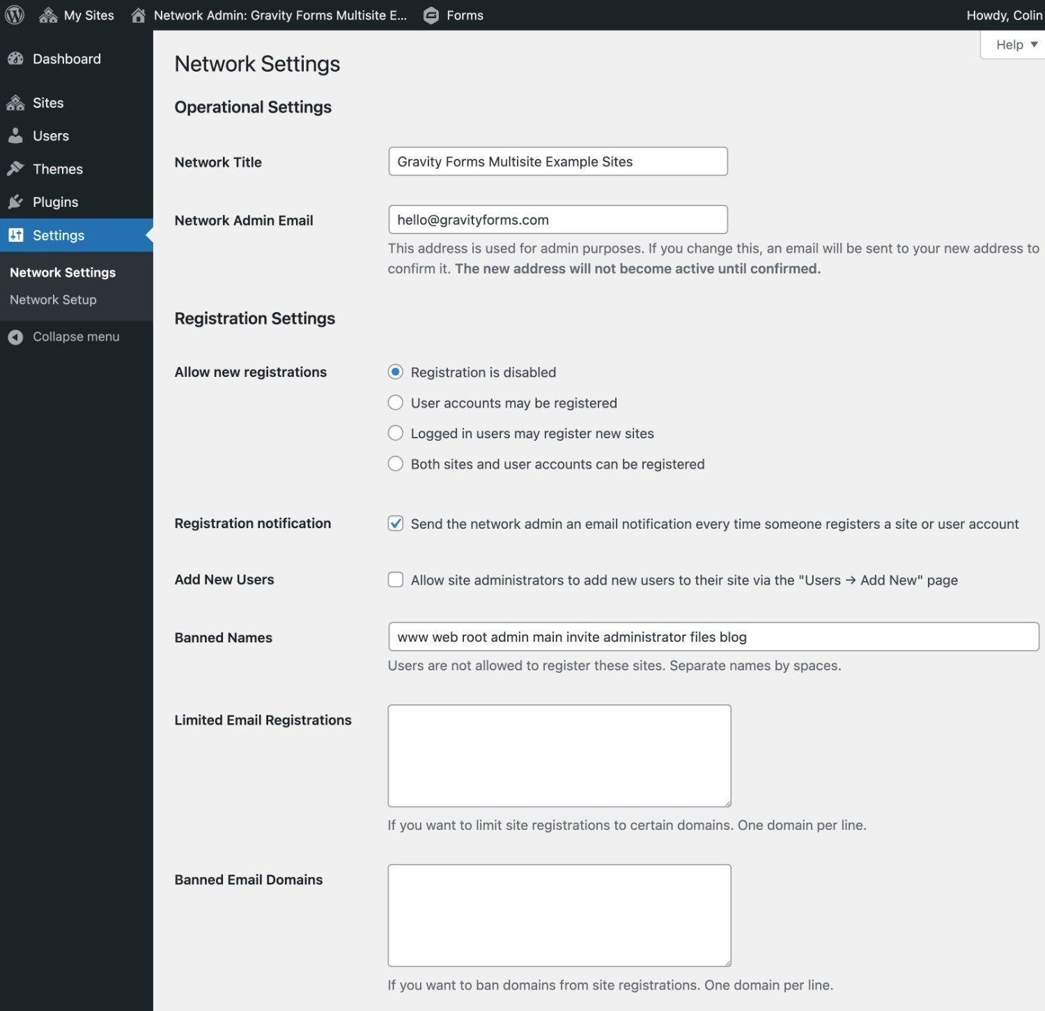 WordPress multisite settings