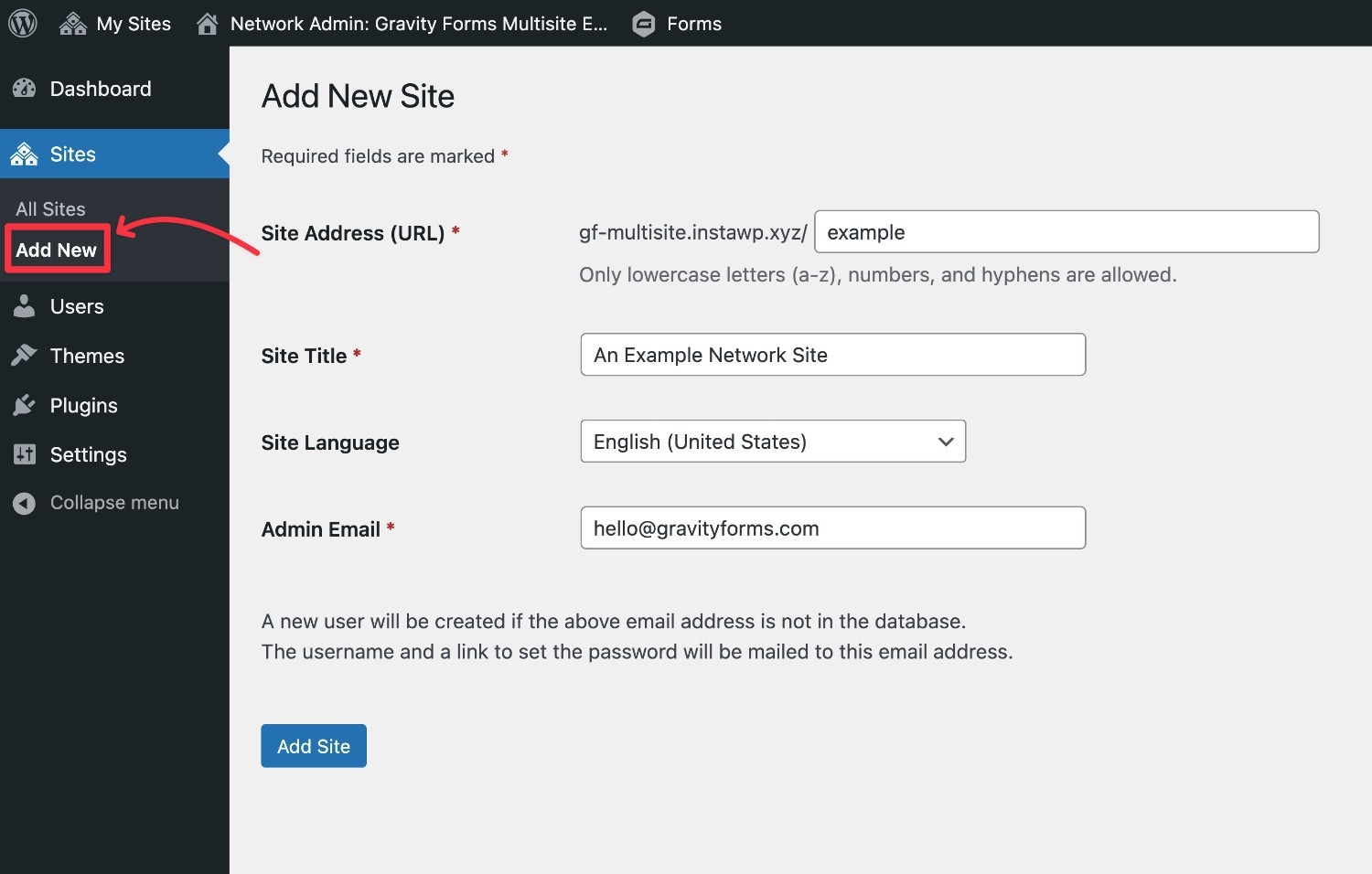 How to add a new network site