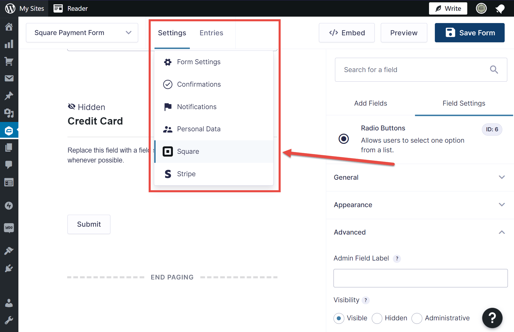 Form Settings Menu