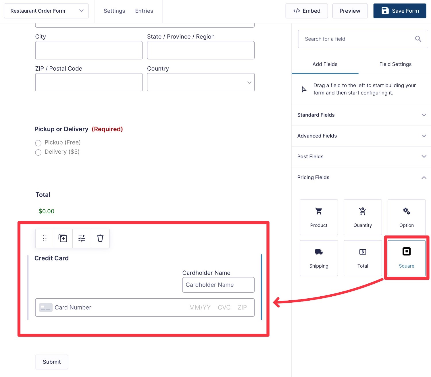 Add Square credit card field