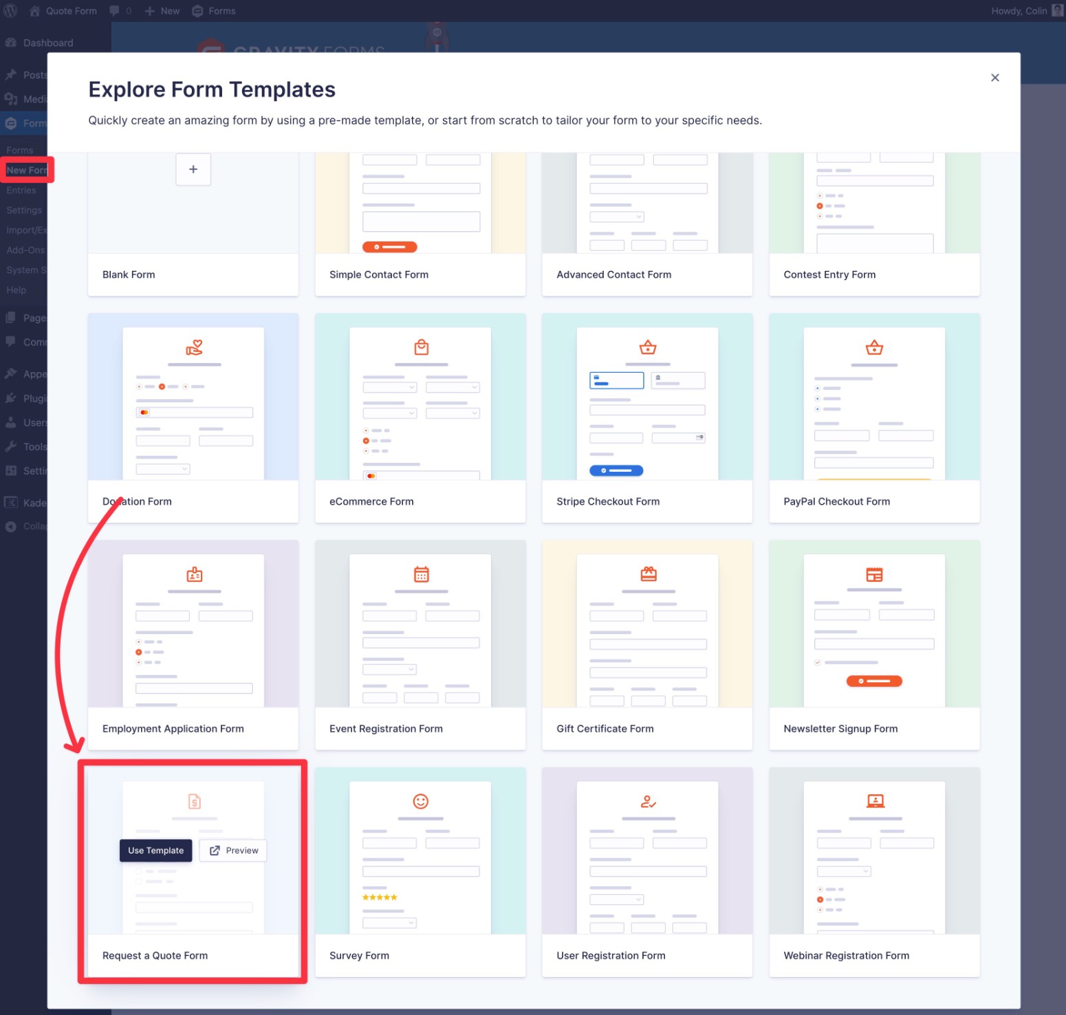 Choose the quote request form template