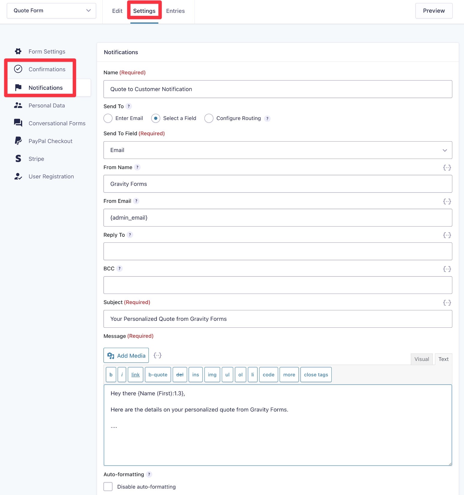 Create notification emails for your quote form