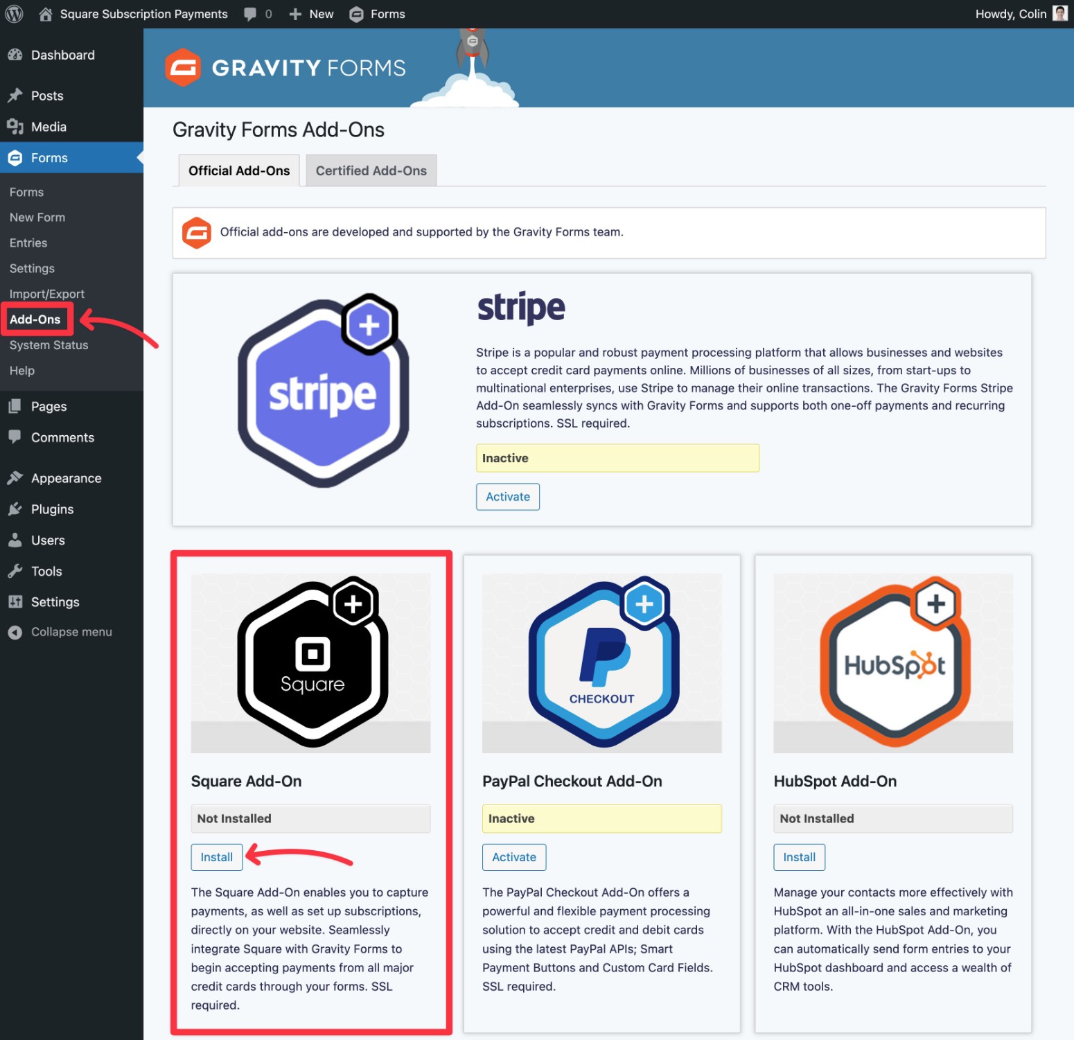 Install Square add-on
