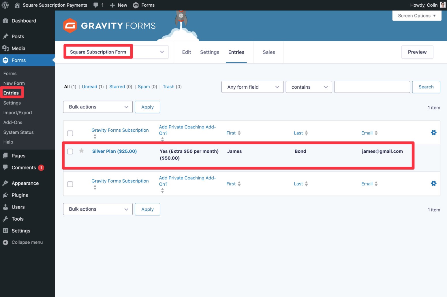 View form entry for payment details