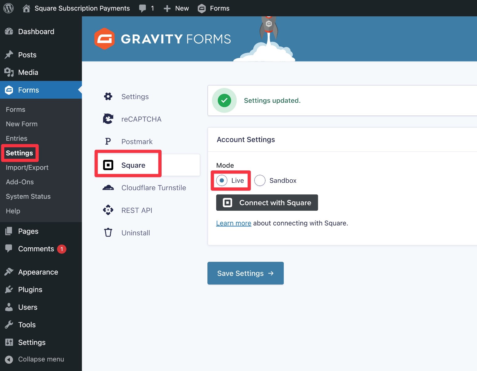 How to enable live mode in Square