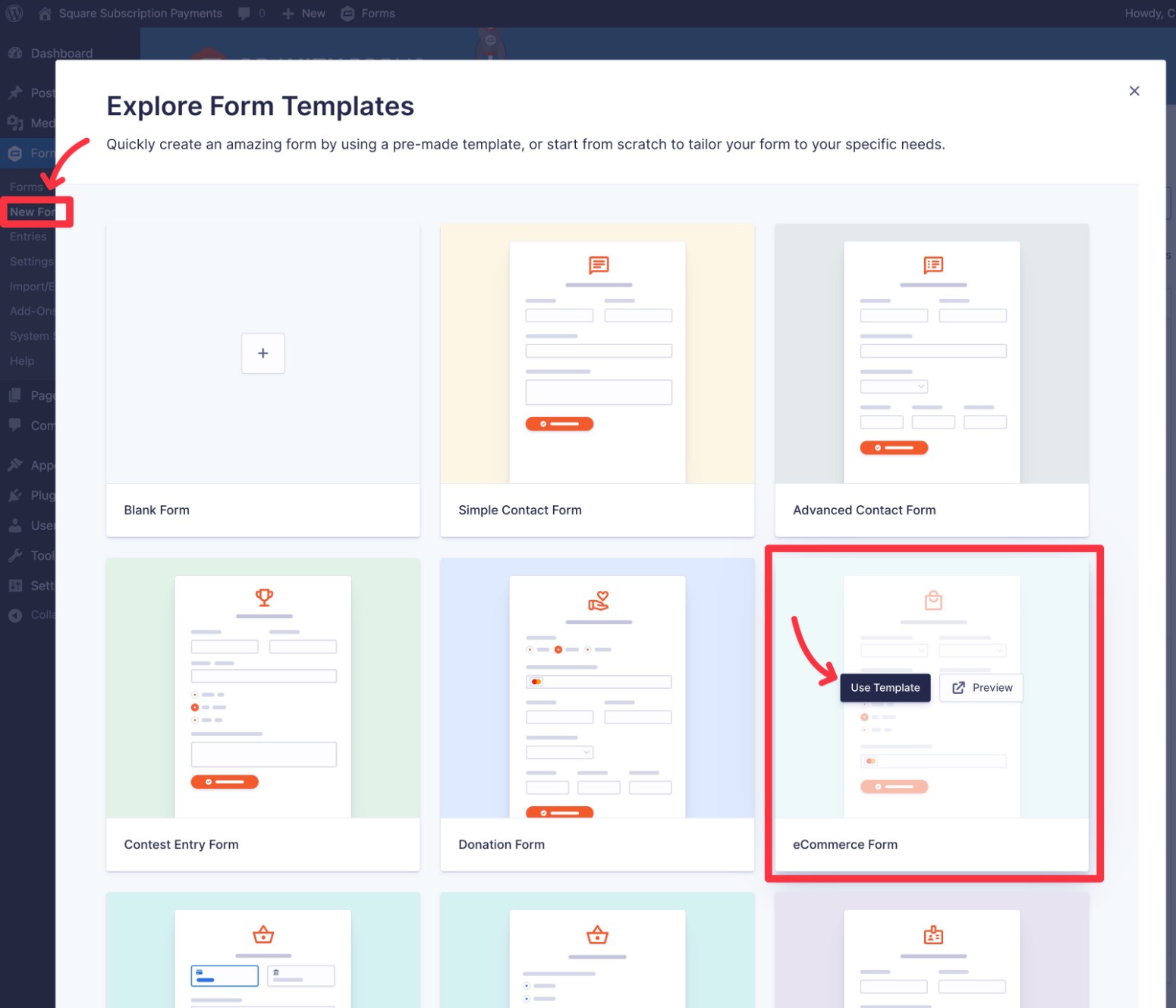 Create Square subscription form