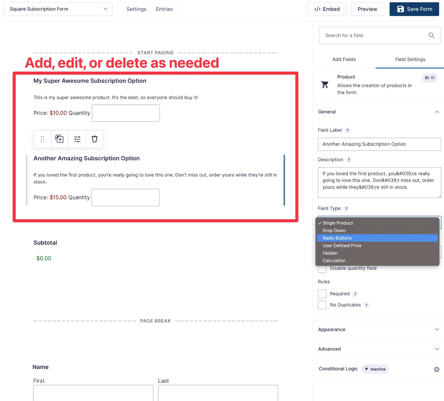 Manage product fields