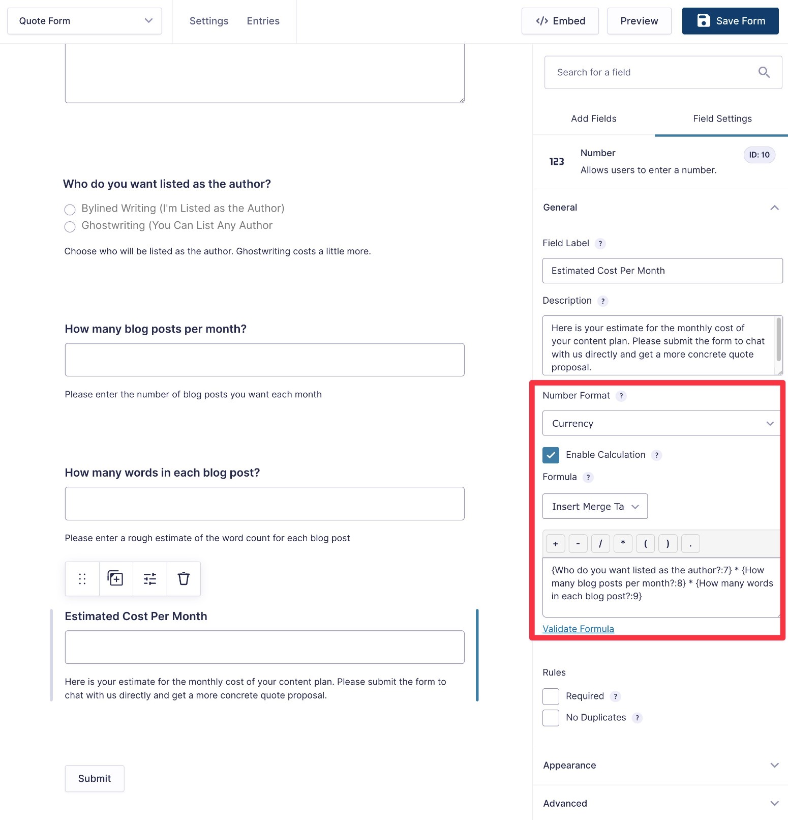 Add calculations to your quote request form