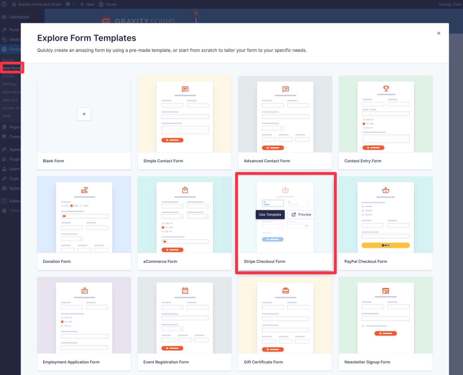 Create a new Stripe form