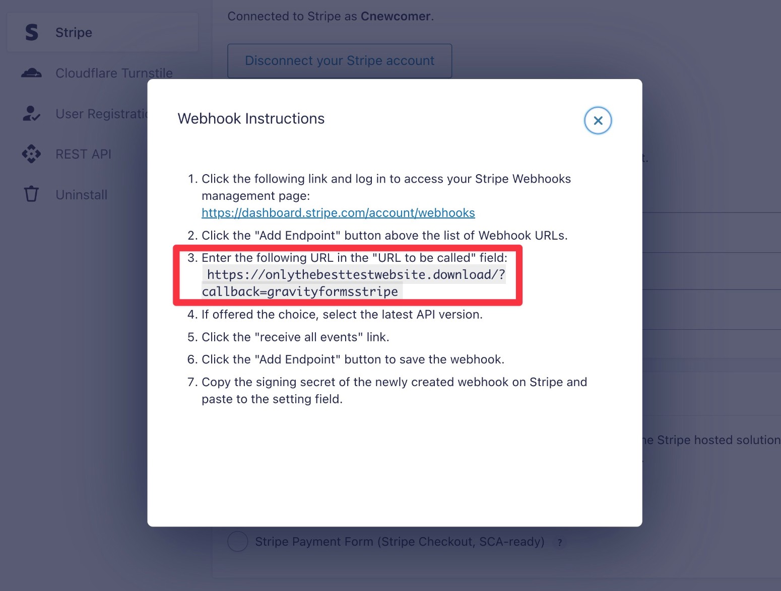 The Stripe webhook instructions
