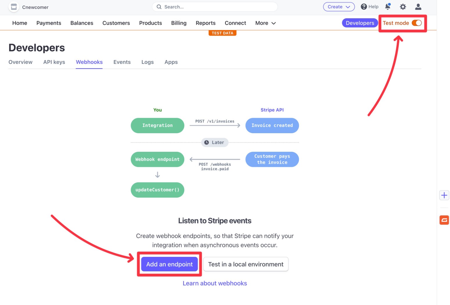 Create a new endpoint in Stripe