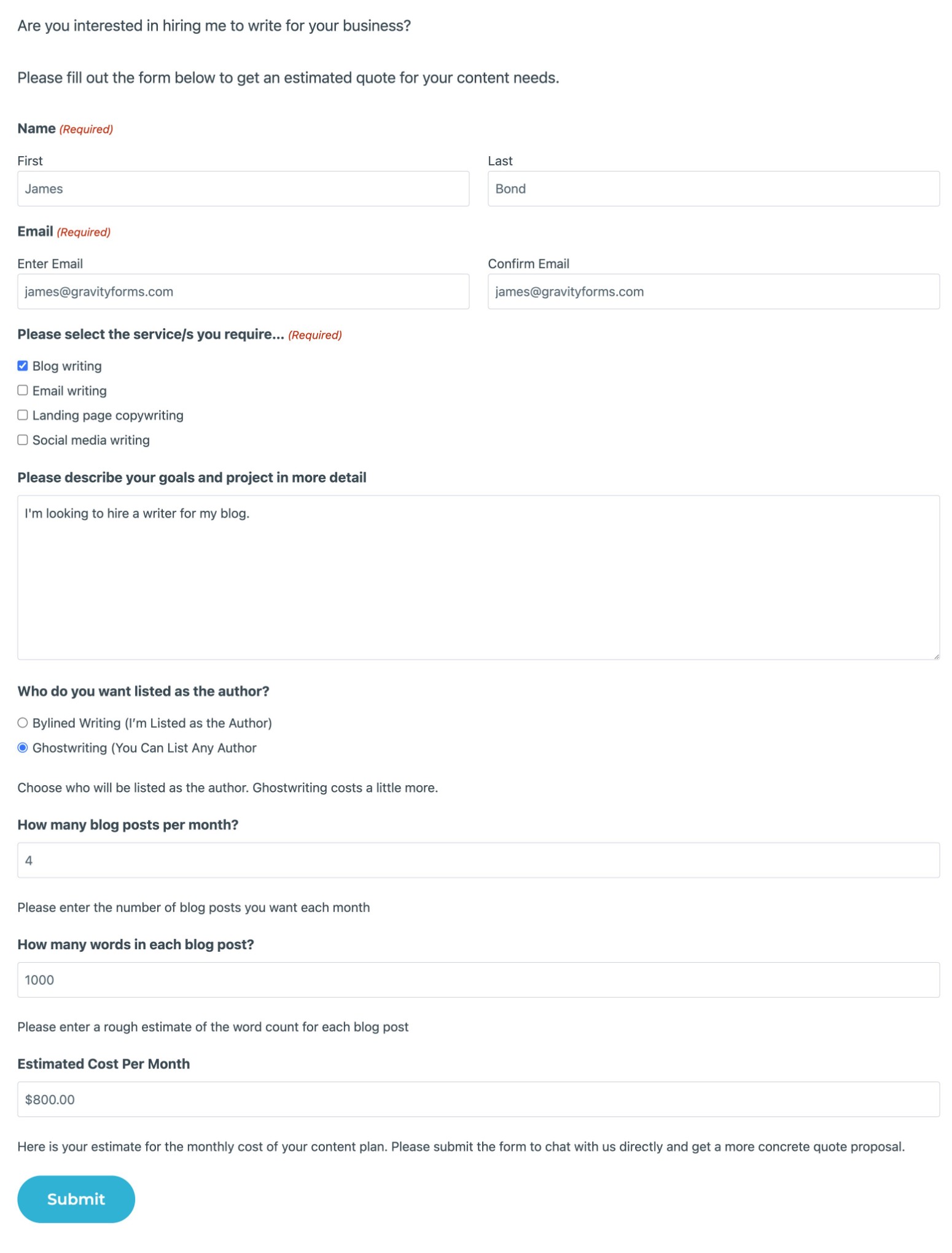 An example of a request quote form built with Gravity Forms