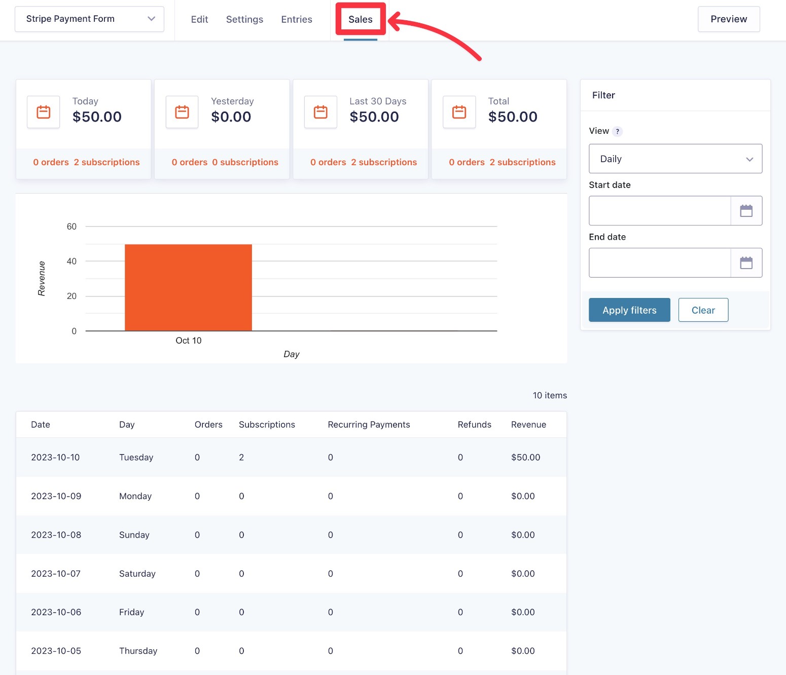 Gravity Forms and Stripe sales report