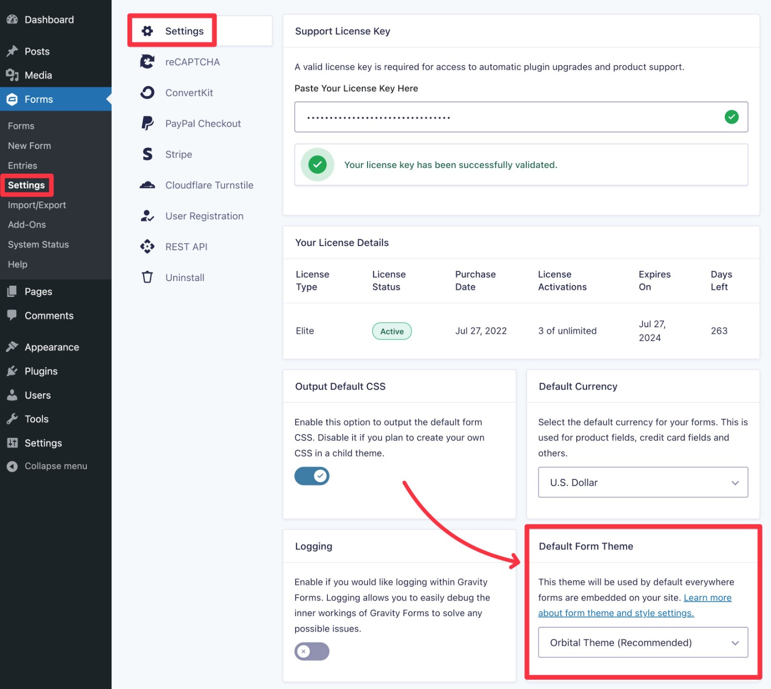 How to set default Gravity Forms theme
