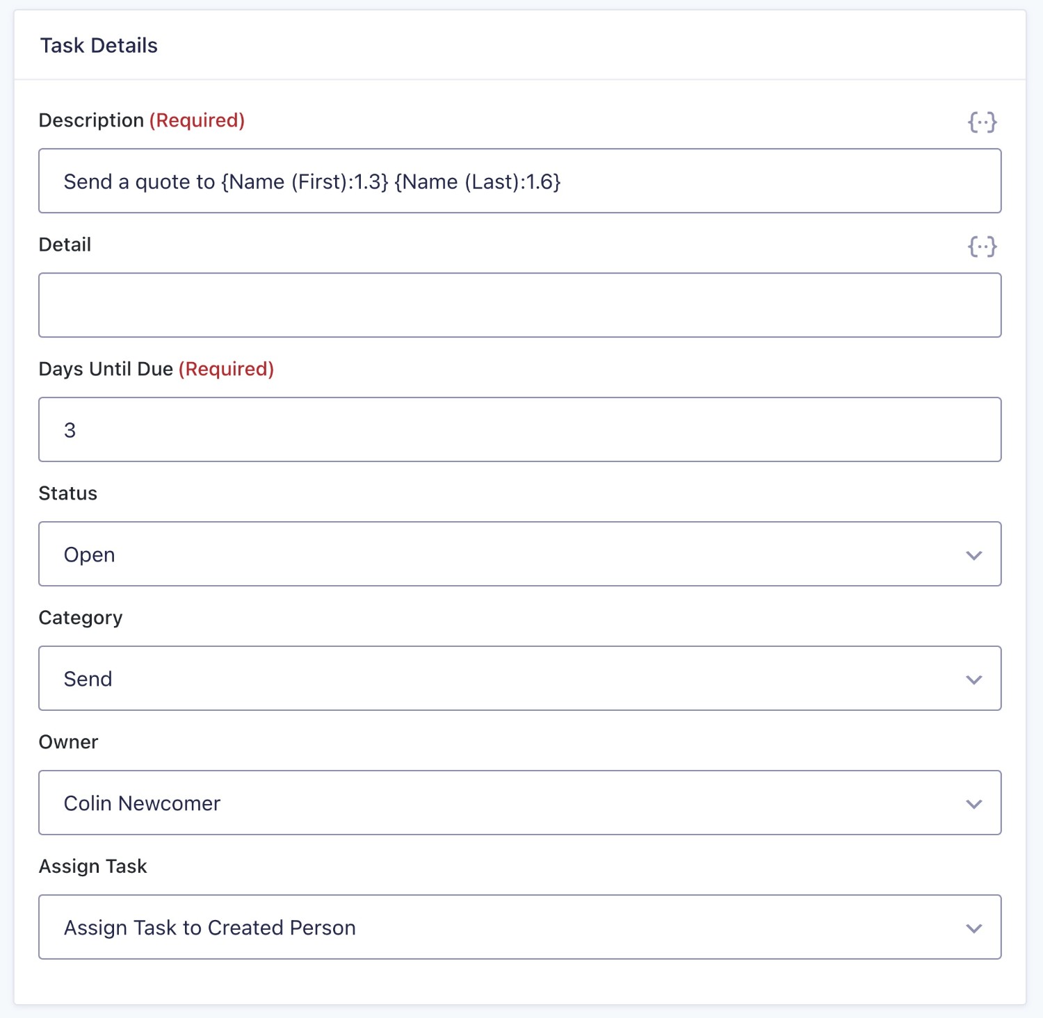 Options when creating a task