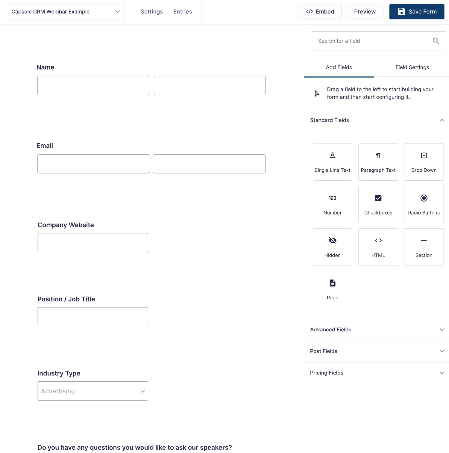 Create a new form to connect to Capsule