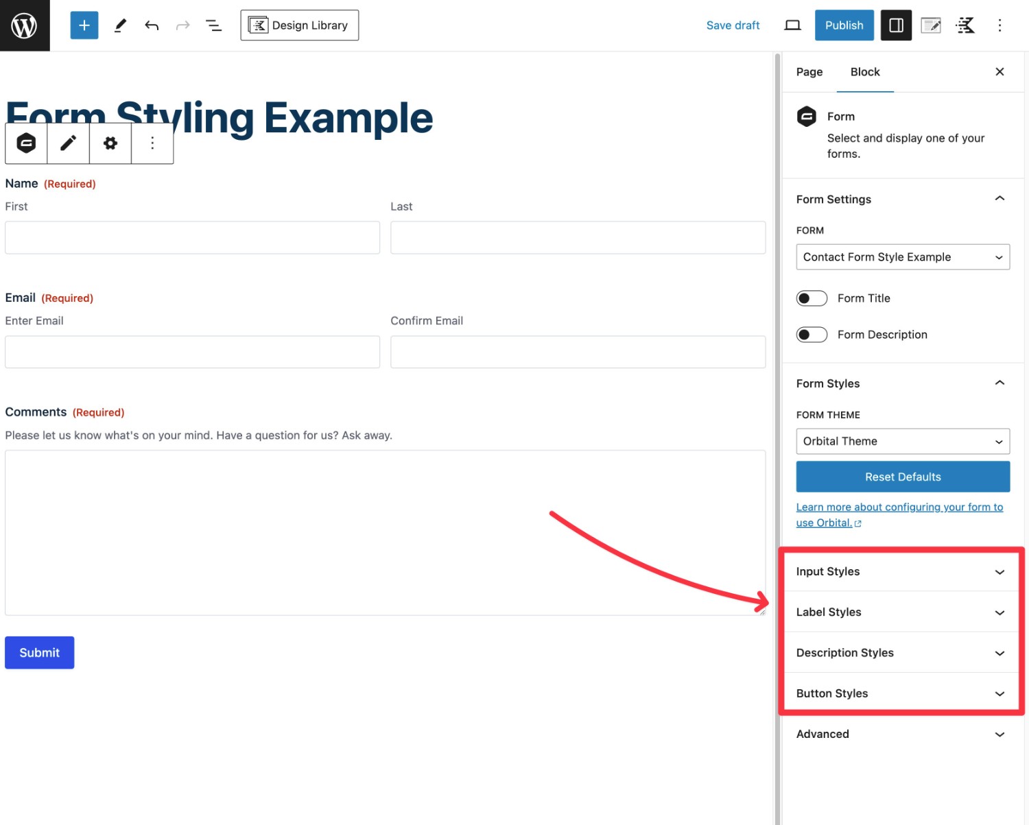 Orbital form theme style options